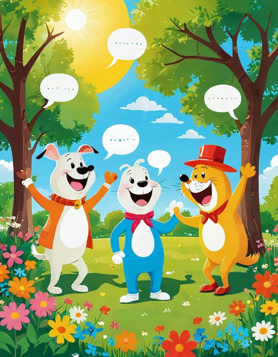 A whimsical scene featuring colorful cartoon characters laughing and engaging in witty banter in a bright park setting, with playful speech bubbles containing humorous quotes. The background is filled with vibrant flowers and sunshine, creating a joyful atmosphere. The characters should range in age and diversity, showcasing the universal appeal of humor. bright colors. cartoon style. whimsical art.