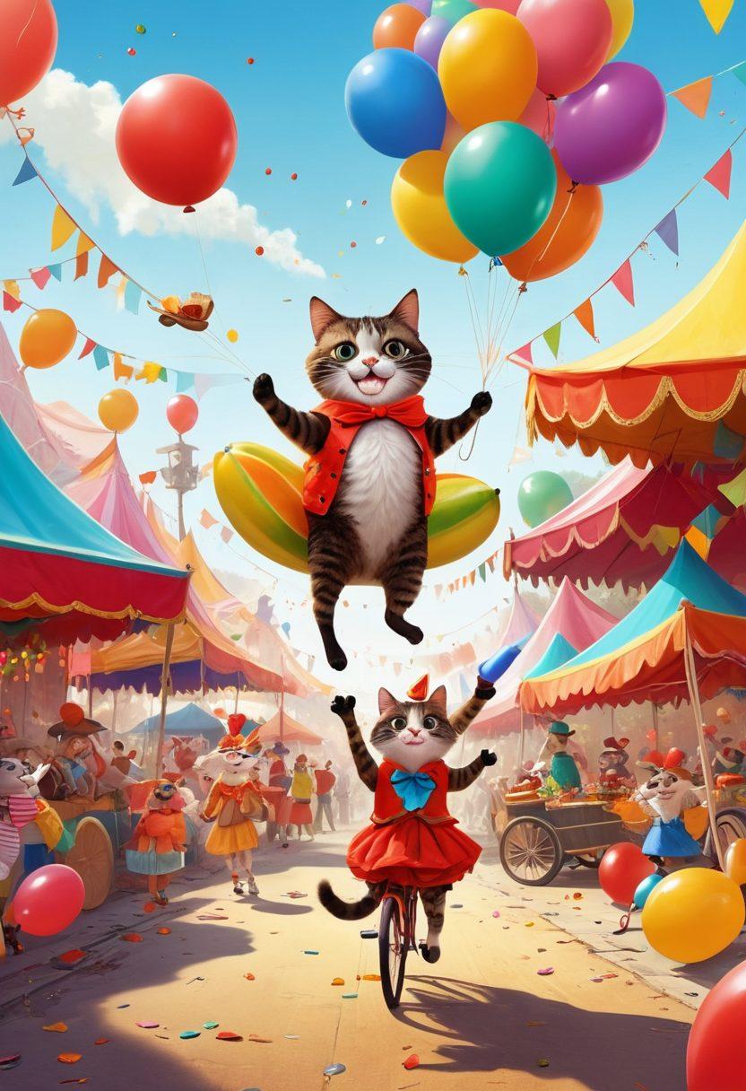 A whimsical scene depicting a variety of quirky characters engaged in playful activities, like juggling oversized fruit and riding unicycles. Brightly colored balloons float in the air, and laughter radiates from cheerful faces. Incorporate elements of surprise, such as a mischievous cat stealing a slice of cake. The background features a vibrant carnival setting with colorful tents and confetti. cartoon style. vibrant colors. fun and playful atmosphere.