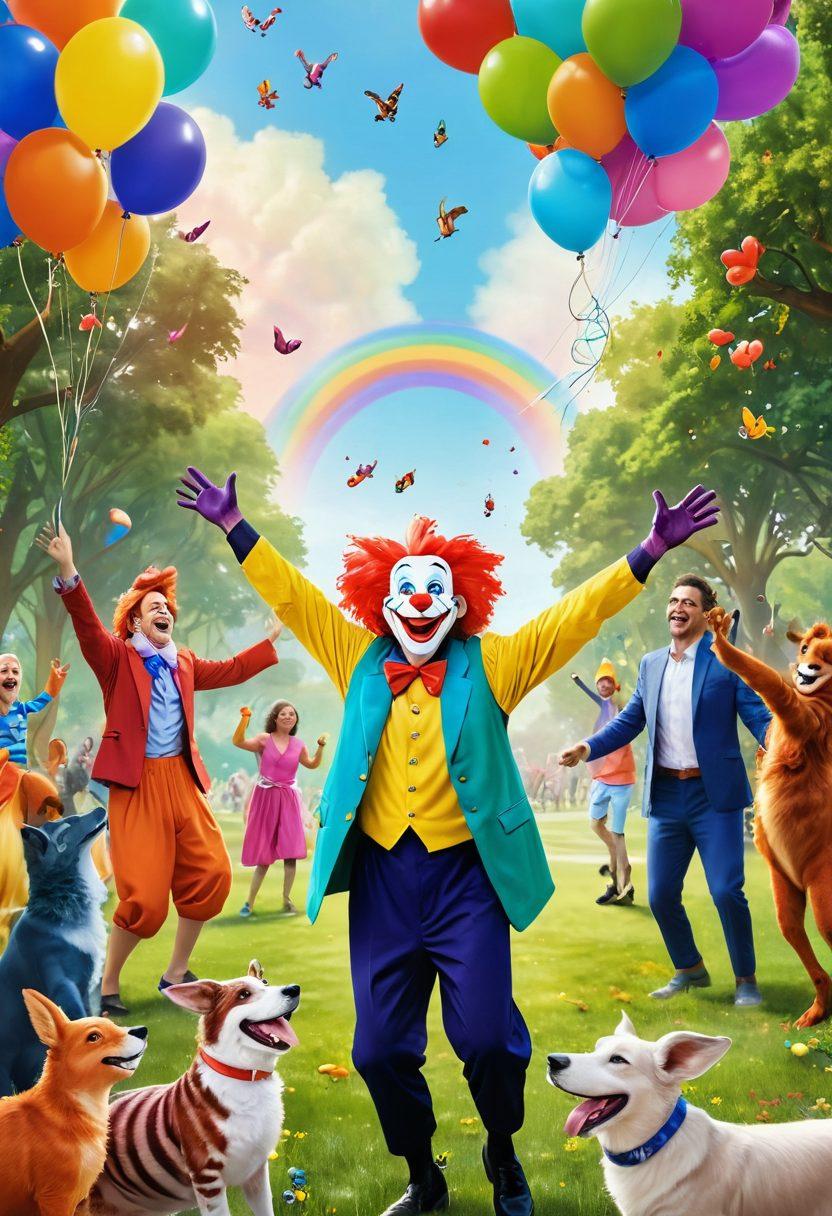 A whimsical scene depicting a group of diverse people laughing together in a bright park, surrounded by colorful balloons and playful animals. In the foreground, a jester with a big smile performs comedic tricks, while a rainbow arcs over them. The background features lush green trees and flowers, radiating joy and positivity. vibrant colors. cheerful cartoon style.